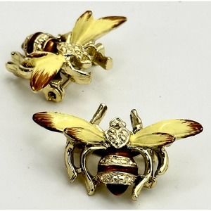 Pair Vintage Gold Tone and Enameled Bee Pins
